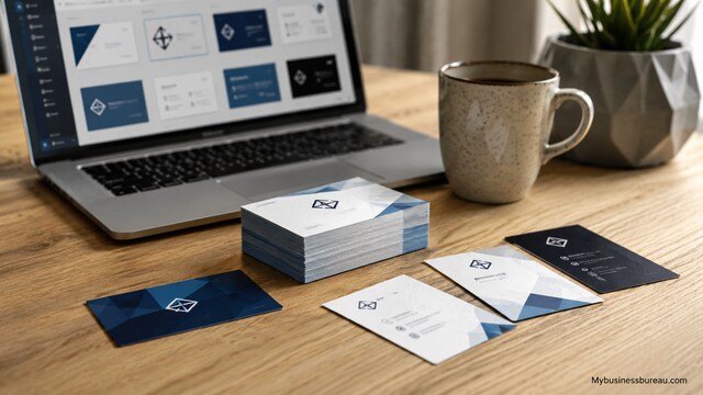 Professional business card design workspace with modern templates and online tools