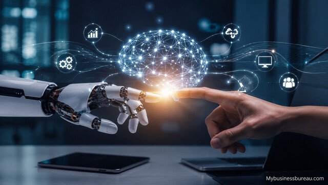 AI and RPA automation technology working together in a smart digital business environment