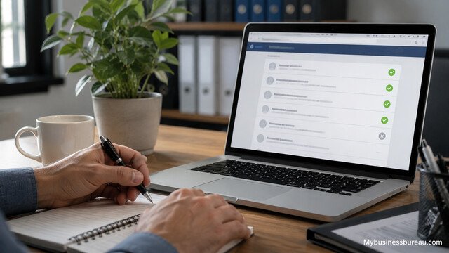 Missouri LLC name availability check on laptop workspace