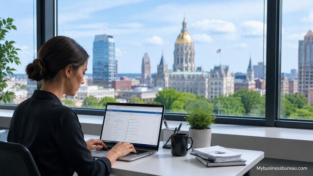 Professional business name search in Connecticut on a modern office laptop