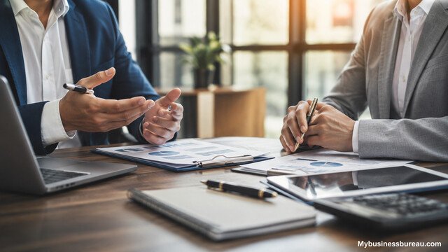 Business professionals reviewing LLC and corporation structure documents in a modern office