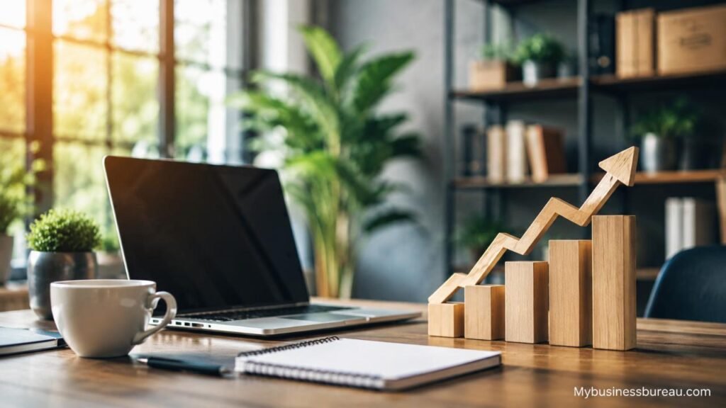 Small business workspace with growth chart and modern office setup