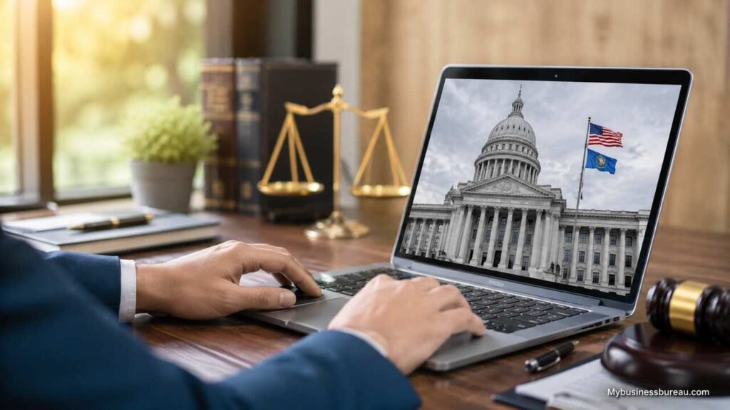 Professional business verification workspace for Oklahoma Secretary of State business search