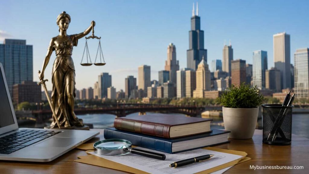 Illinois business entity search office setup with legal documents and Chicago skyline