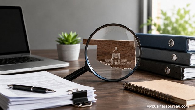 Professional office setup reviewing Oklahoma business entity information