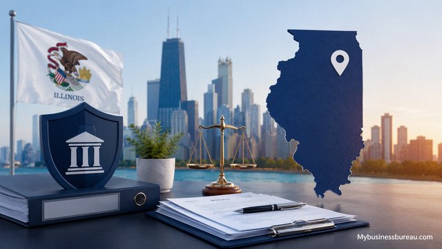 Illinois registered agent confirmation documents on office desk