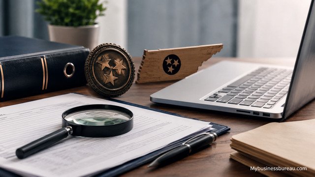 Professional Tennessee LLC verification workspace with business documents and laptop