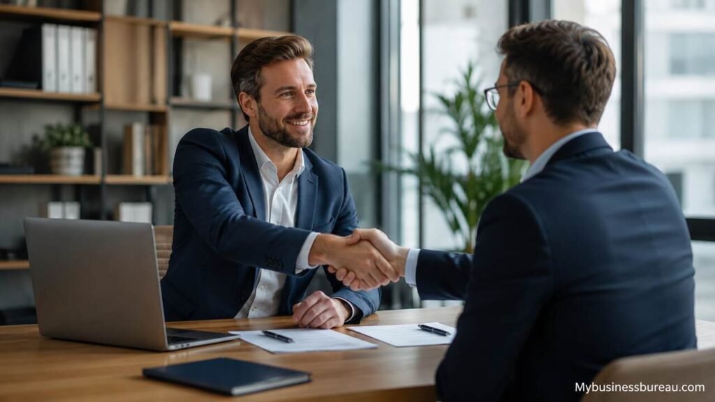 Business acquisition meeting between two professionals in a modern office
