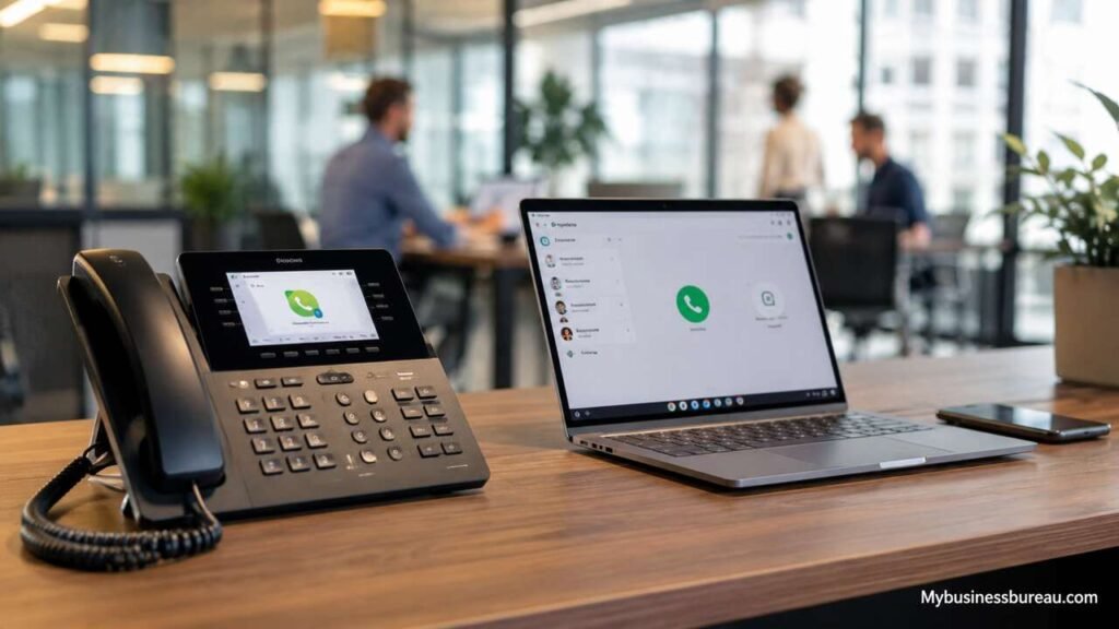Google Voice for Business communication setup in a modern office