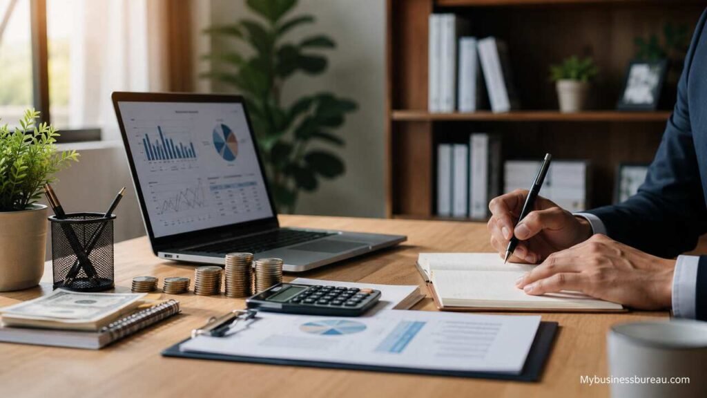 Modern business workspace with financial planning tools and entrepreneurial growth setup