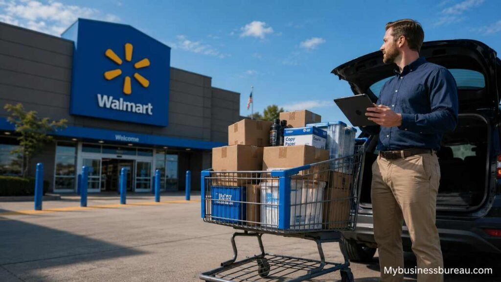 Business owner using Walmart Business Account for bulk purchasing and inventory management