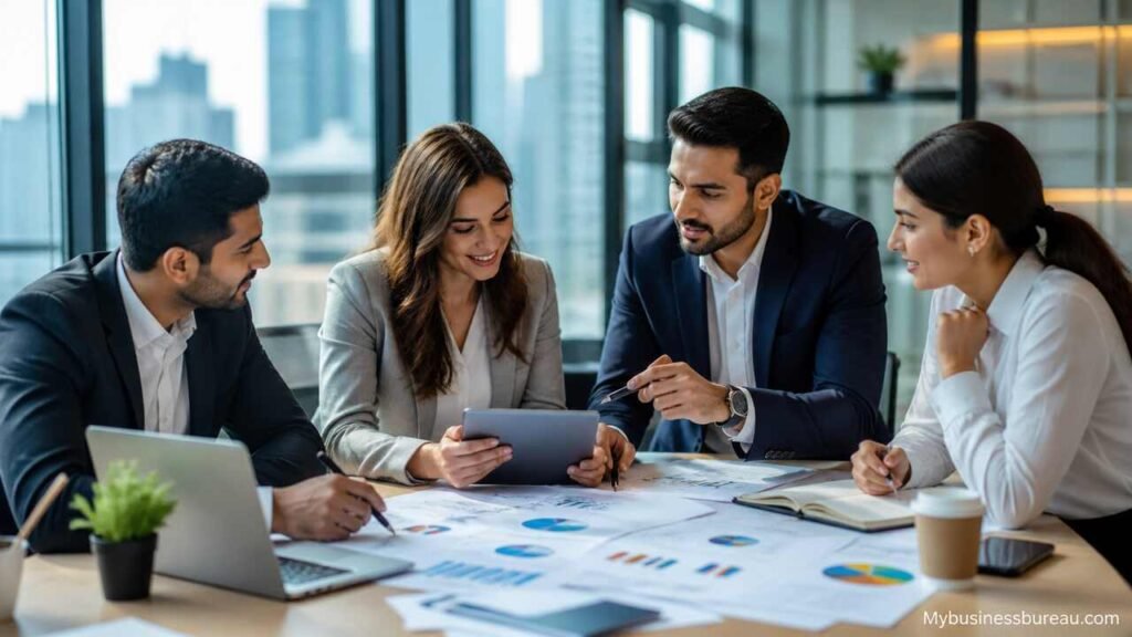 Startup team discussing business setup strategy in office