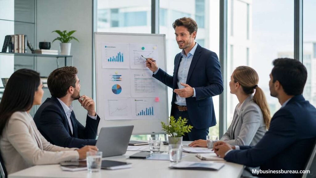 Business consultant presenting strategy to small business team in office