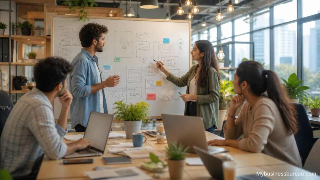 Startup ideas workspace with light bulb and financial growth elements