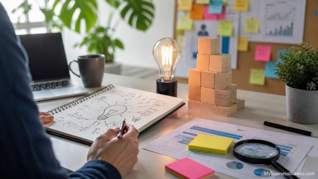 Startup idea validation workspace with notes and charts