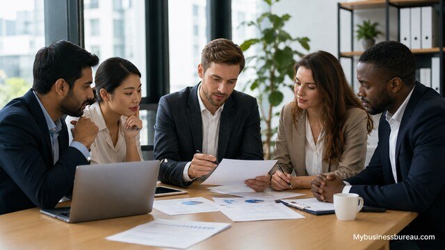 Business consultants comparing company formation services in office