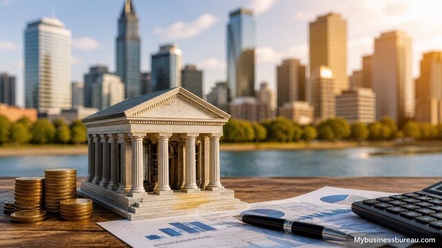 Integrated banking financial services concept with bank model and finance tools