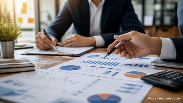 Financial consultants analyzing business growth charts and reports