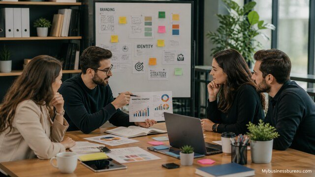 Marketing team planning branding and digital strategy