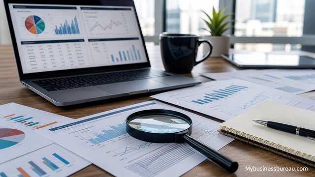 Market research and competitive analysis workspace with charts and laptop