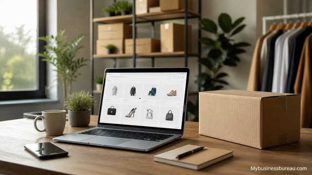 Dropshipping business workspace with laptop and shipping box