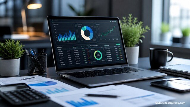 Laptop showing financial management dashboard with charts