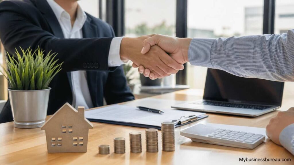 Small business loan agreement handshake with financial tools