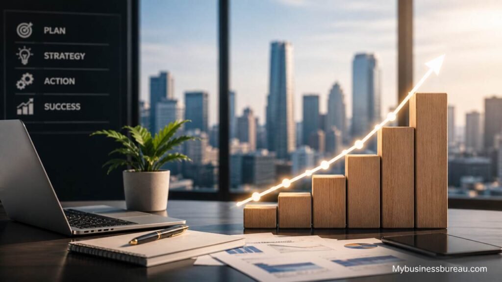 Business growth chart showing scaling from zero to profit