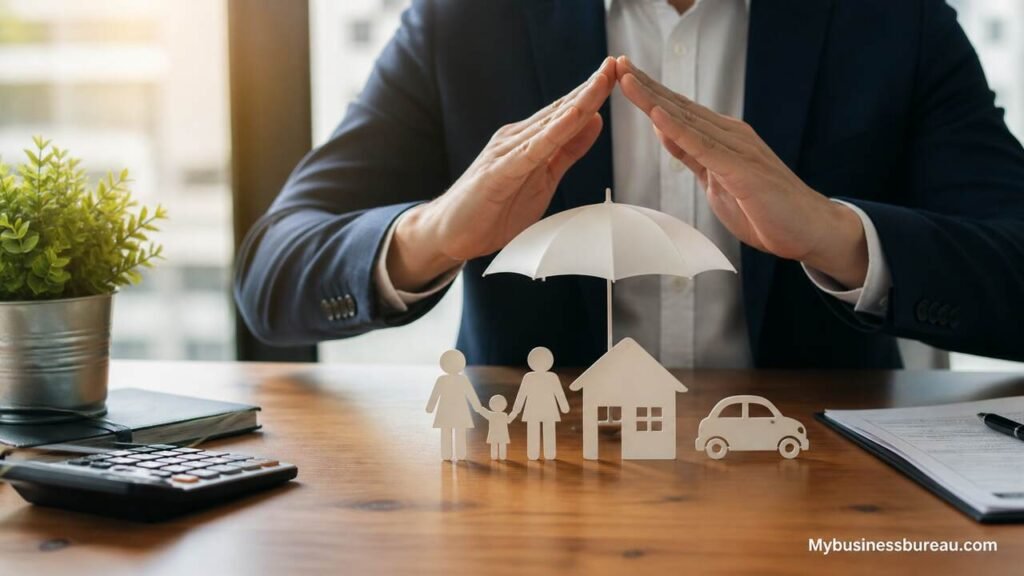 Business insurance protection concept with umbrella and assets