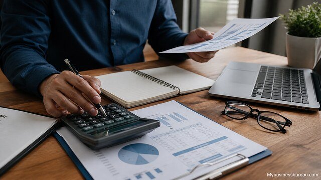 Business owner analyzing accounting documents with calculator