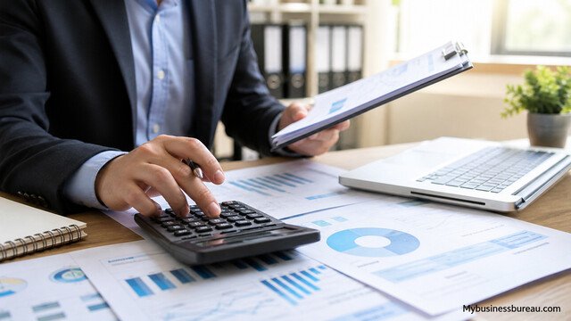 Accountant reviewing financial reports with calculator and laptop