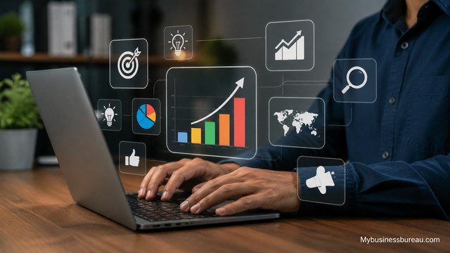 Digital marketing analytics and growth dashboard on laptop