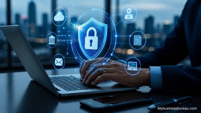 Cyber insurance concept with digital security shield on laptop