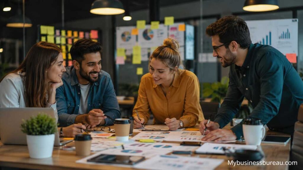 Startup team planning digital marketing growth strategies in a modern office