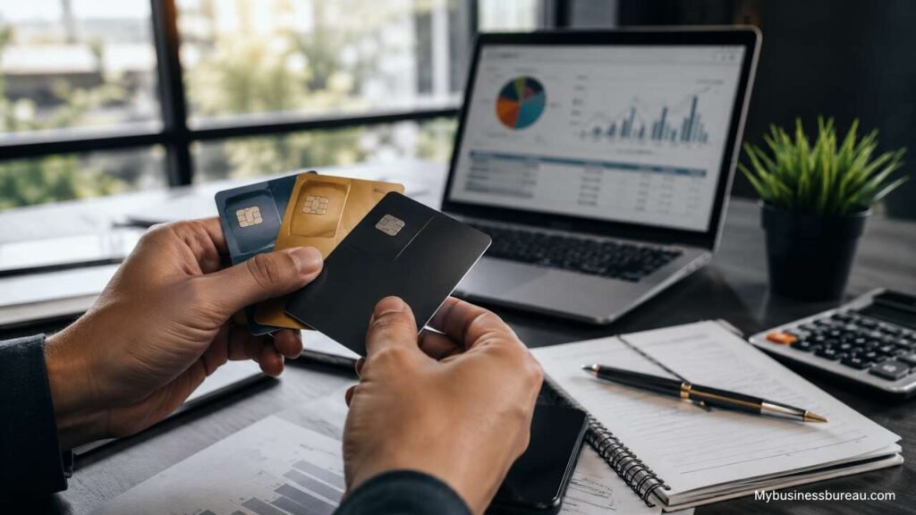 Business owner comparing modern credit cards at office desk