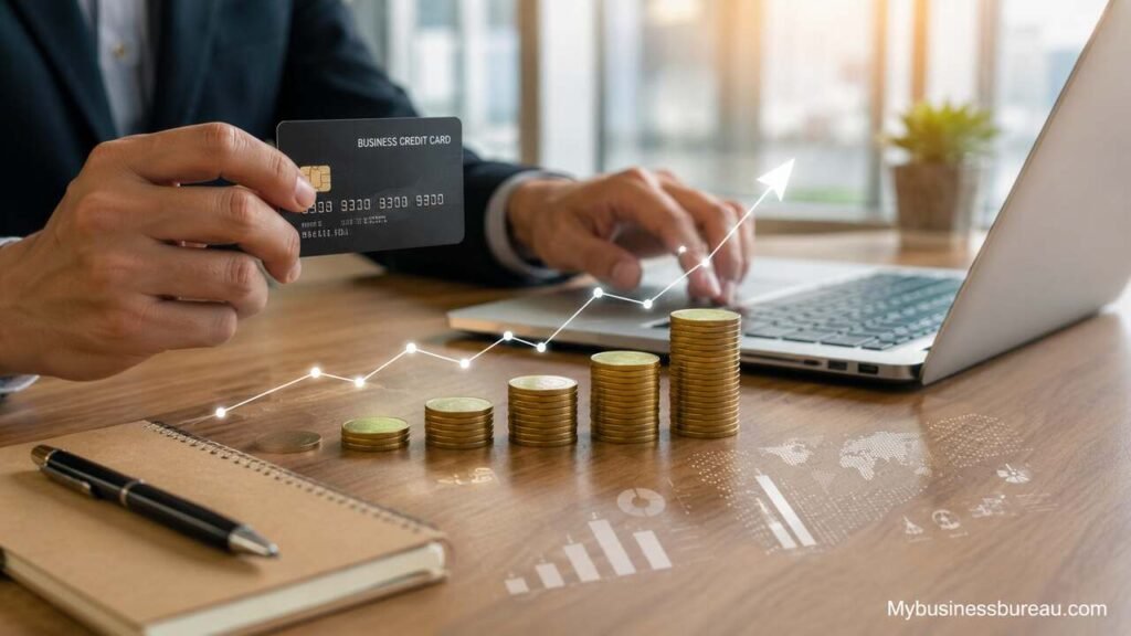 Business owner using a credit card with financial growth charts and coins