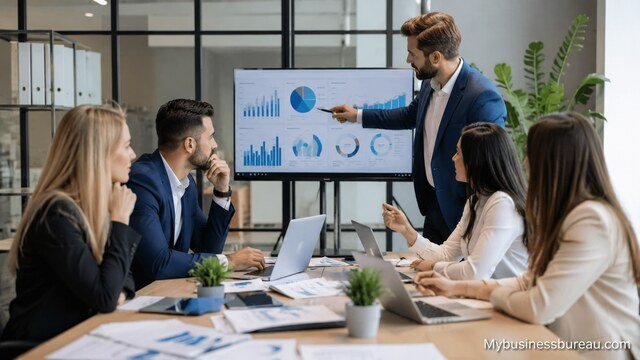 SEO agency team discussing long-term digital growth strategies.