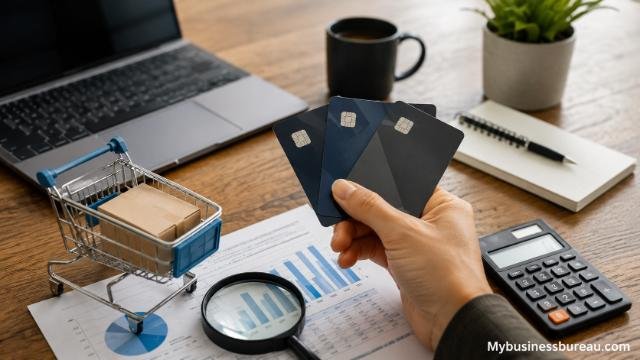 Cashback business credit cards with office expense tools on a professional desk setup