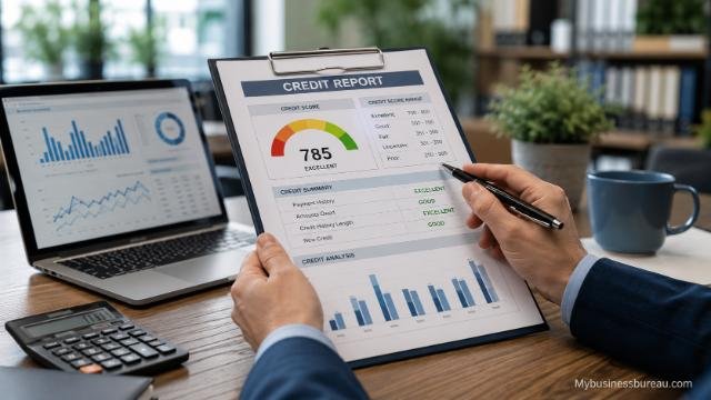 Business professional reviewing a company credit report on a desk