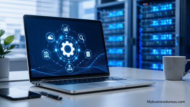 Technical SEO infrastructure dashboard on a modern laptop setup