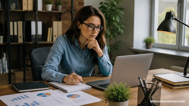 Woman researching SEO keywords on a laptop before writing content