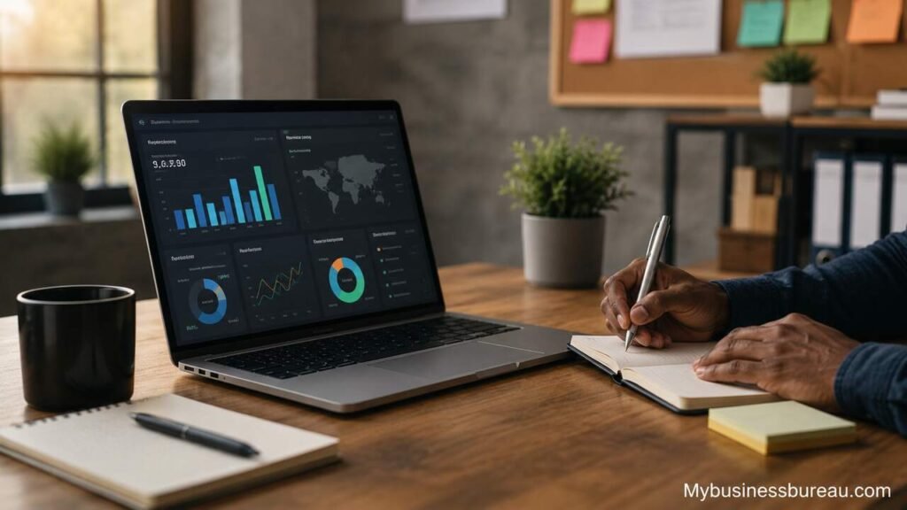 Professional online marketing workspace with analytics dashboard and business planning setup