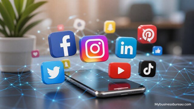 Social media marketing icons connected through digital networking on smartphone