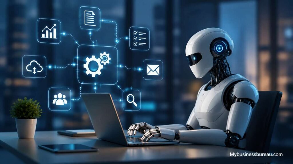 AI robot managing business automation tools in a futuristic office