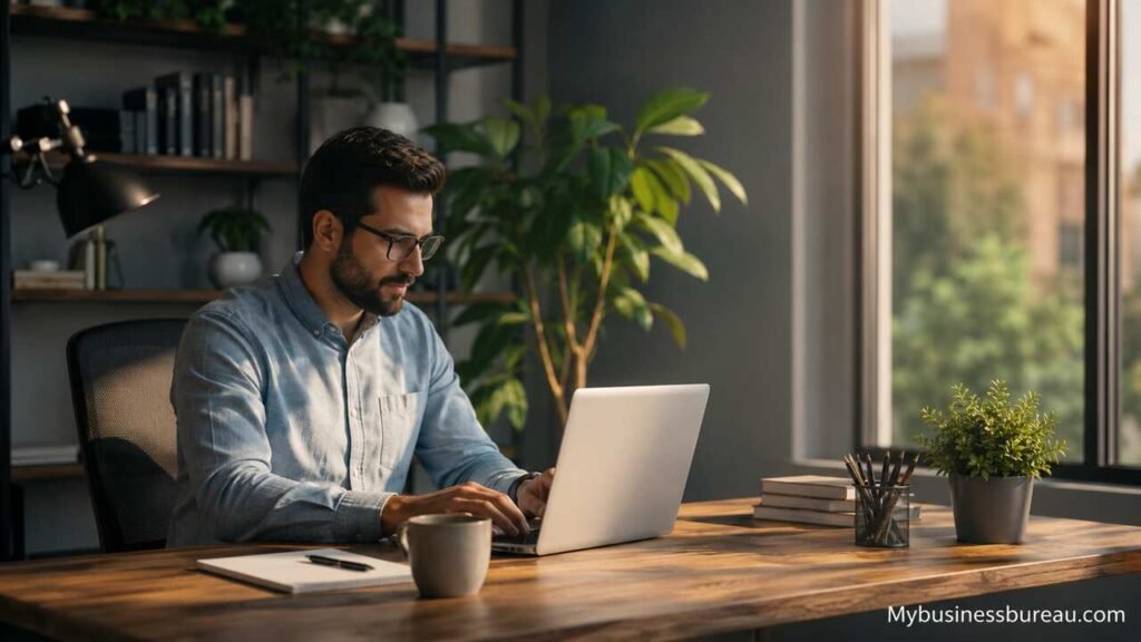 Professional working remotely from a modern home office