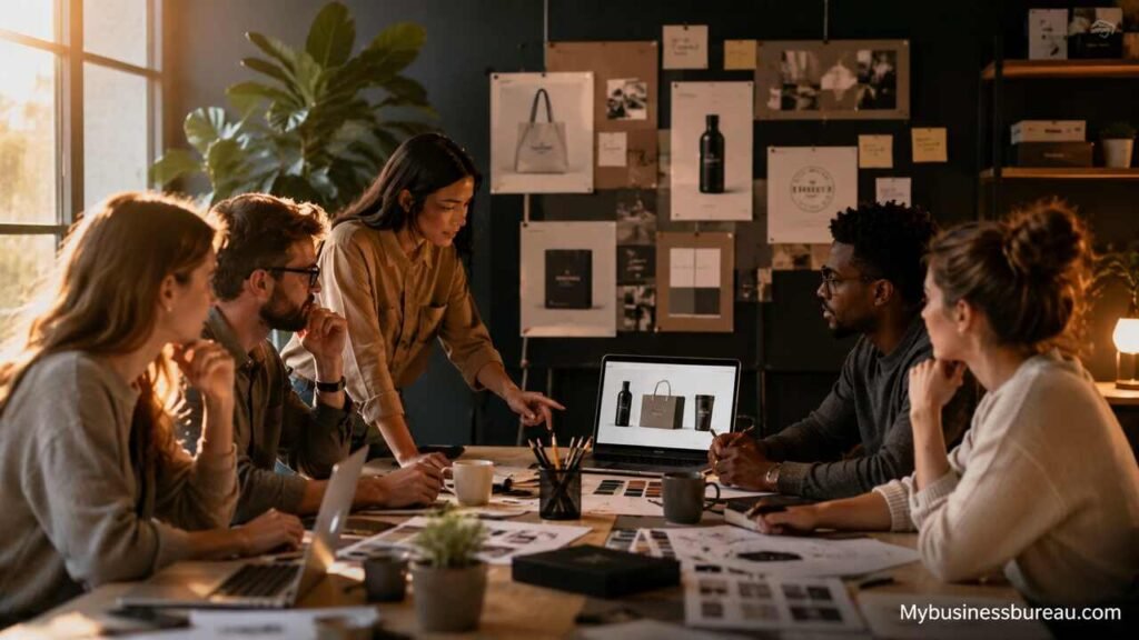 Startup branding strategy team meeting in a modern office