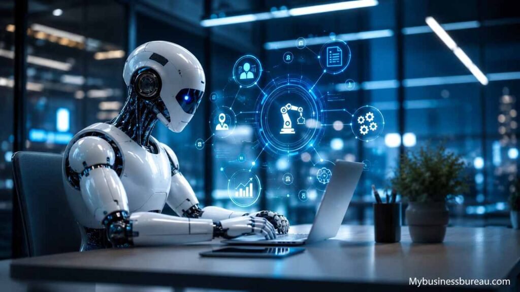 AI tools for business automation in a futuristic office