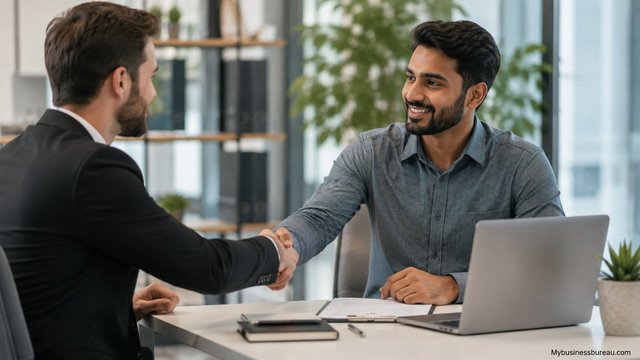 Business professionals shaking hands after securing a freelance contract