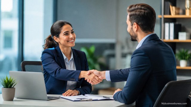 Professionals shaking hands during a strategic business outreach meeting