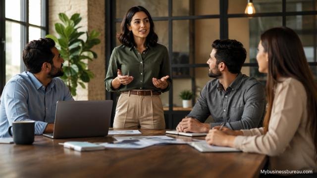 Professional business team discussing content marketing strategies in a modern office